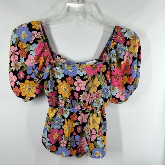 B45. Sienna Sky Puff Sleeve Open Back Floral Blouse Size X Small - Picture 1 of 8